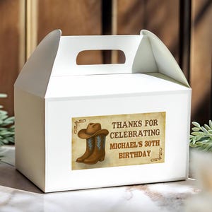 Étiquettes d'anniversaire pour chapeaux country western | Boîte de faveurs Cowboy Boot Gable Stickers | Cadeau de rodéo rustique 4 x 2