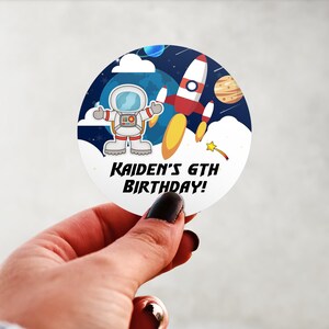 Physical Product-Personalized Outer Space Astronaut Spaceship Birthday Labels Stickers Glossy Custom Party Favors Supplies Round Design