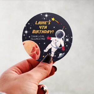 Physical Product-Personalized Outer Space Astronaut Spaceship Birthday Labels Stickers Glossy Custom Party Favors Supplies Round Design