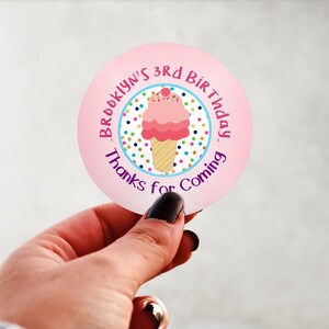Physical Product-Personalized Ice Cream Cone Strawberry Pink Birthday Labels Stickers Glossy Custom Party Favors Supplies Round Design