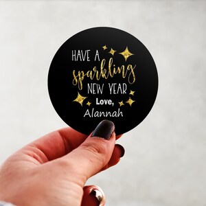 Physical Product-Personalized Happy New Year Sparkling Gold and Black Bag Labels Stickers Glossy Custom Party Favors Supplies Round Design