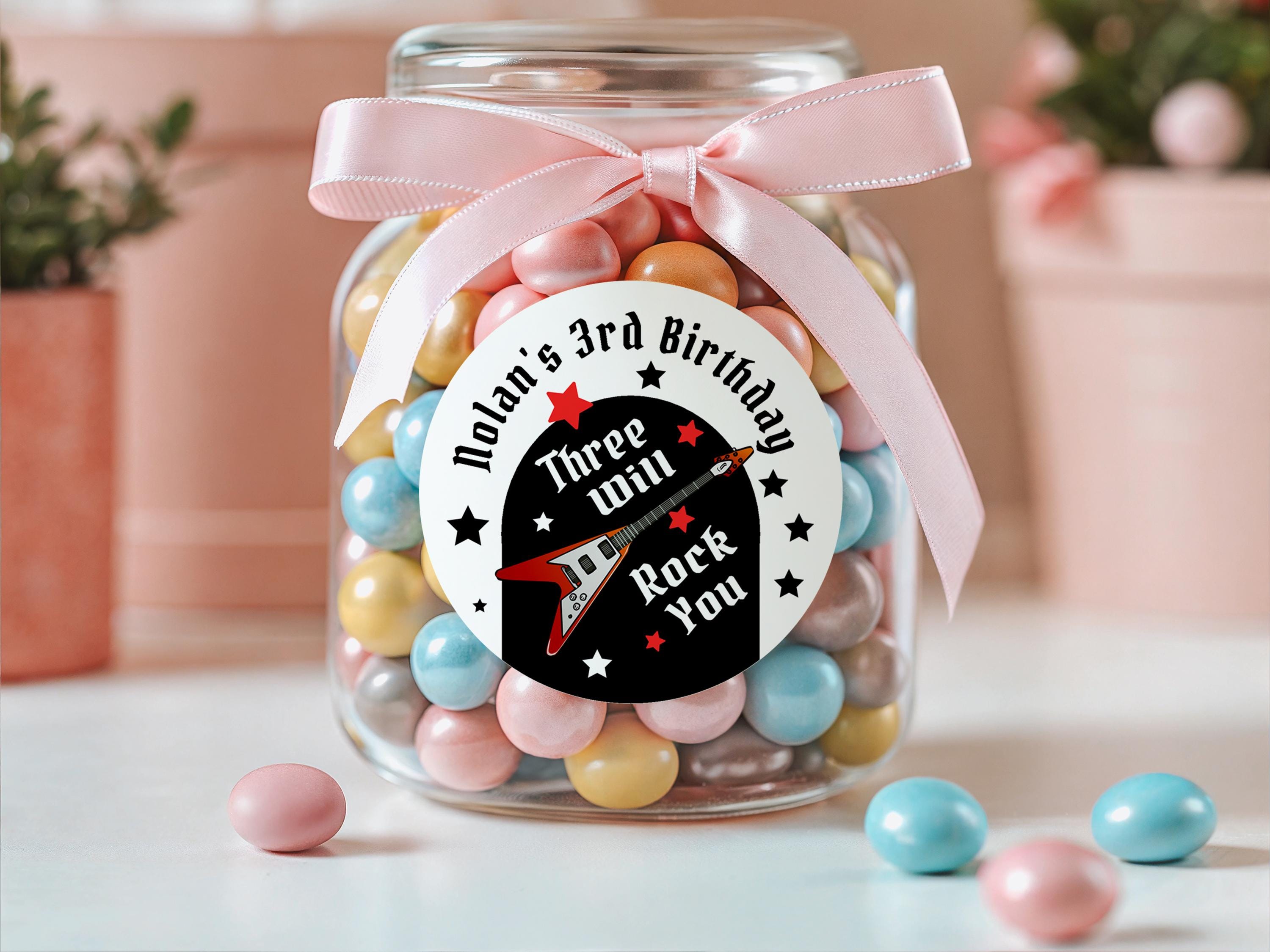 Three Will Rock You 3rd Birthday Stickers | Rock and Roll Third Party ...