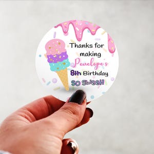 Physical Product-Personalized Ice Cream Cone Strawberry Pink Birthday Labels Stickers Glossy Custom Party Favors Supplies Round Design