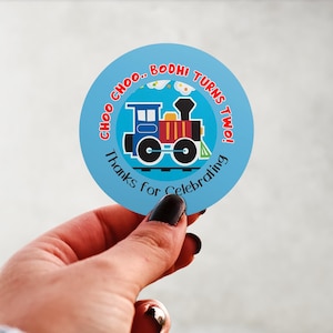 Physical Product-Personalized Choo Choo Train Birthday Labels Stickers Glossy Custom Party Favors Supplies Round Design
