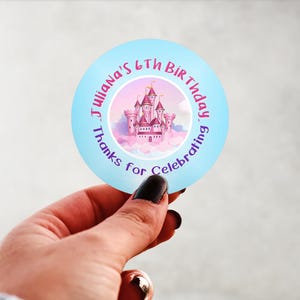 Physical Product-Personalized Princess Castle Birthday Labels Stickers Glossy Custom Party Favors Supplies Round Design