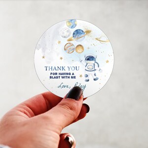Physical Product-Personalized Outer Space Astronaut Gold Galaxy Birthday Labels Stickers Glossy Custom Party Favors Supplies Round Design