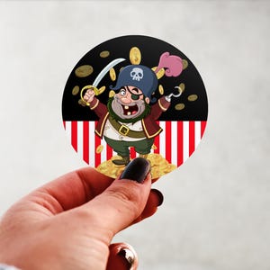 Produit physique - Autocollants d&#39;étiquettes d&#39;anniversaire de butin de pirate brillants personnalisés accessoires de fête fournitures design rond
