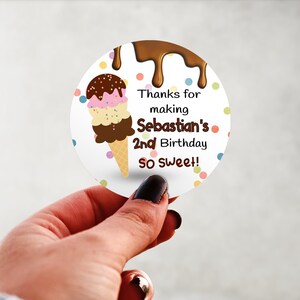 Physical Product-Personalized Ice Cream Cone Chocolate Birthday Labels Stickers Glossy Custom Party Favors Supplies Round Design