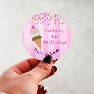 Physical Product-Personalized Ice Cream Cone Strawberry Pink Birthday Labels Stickers Glossy Custom Party Favors Supplies Round Design