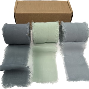 21 Yards Chiffon Ribbon Set 3X 1.5&quot; Frayed Edge Fabric Material-Bouquet Feathered-Wedding-Gift Wrap-Dusty-Chalk-Country Blue Bundle
