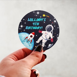 Physical Product-Personalized Outer Space Astronaut Spaceship Birthday Labels Stickers Glossy Custom Party Favors Supplies Round Design