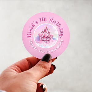 Physical Product-Personalized Princess Castle Birthday Labels Stickers Glossy Custom Party Favors Supplies Round Design