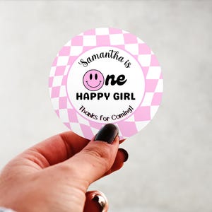 Physical Product-Personalized Pink One Happy Girl Smiley Face Birthday Labels Stickers Glossy Custom Party Favors Supplies Round Design