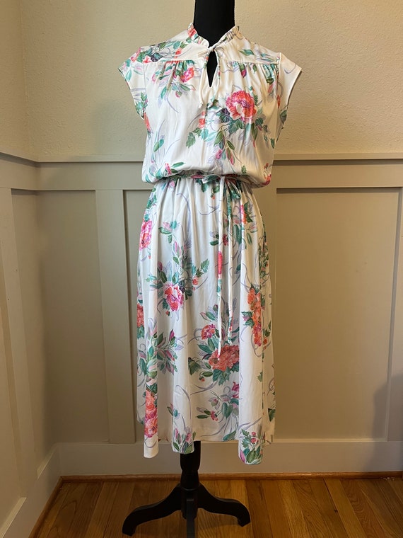 1970s white floral poly midi