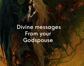 Pode incluir: Arte digital que retrata uma figura de cabelo escuro com grandes asas negras abraçando uma mulher com cabelo loiro comprido. A imagem tem o texto "Divine messages From your Godspouse."