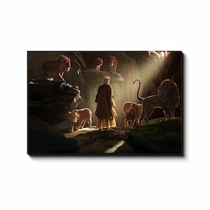 May include: A painting of a lion king with a golden robe standing in a cave with other lions. The lion king is surrounded by a group of lions, some of which are sitting on rocks. The cave is dark and mysterious, with a beam of light shining down on the lion king.