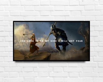 Modern Christian Poster Art Work - David Vs Goliath | Bible Verse Print, Motivational Wall Art, Mens And Pastors Gift, Office Decor