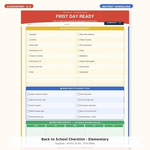 Op de afbeelding: Een afdrukbare checklist voor de terugkeer naar school voor basisschoolgezinnen. De checklist bevat schoolbenodigdheden, een takenlijst voor ouders en een overlevingsgids voor de eerste week. Het ontwerp is in rood, geel, blauw en groen.