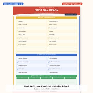 Op de afbeelding: Een afdrukbare checklist voor de terugkeer naar school voor middelbare scholieren. De checklist bevat schoolbenodigdheden, een takenlijst voor ouders en een overlevingsgids voor de eerste week. Het ontwerp is in tinten rood, geel en blauw.