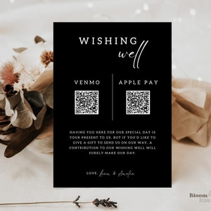 Code QR pour mariage Wishing Well, caisse enregistreuse mariage toile, enseigne Wishing Well pour shower de mariage, carte de fonds de lune de miel Venmo noire, BW15