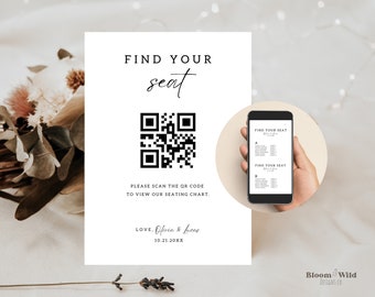 Digital Seating Chart With Qr Code Template, Qr Code For Wedding Seating Chart, Digital Alphabetical Order Seating Chart Edit in Canva, BW13