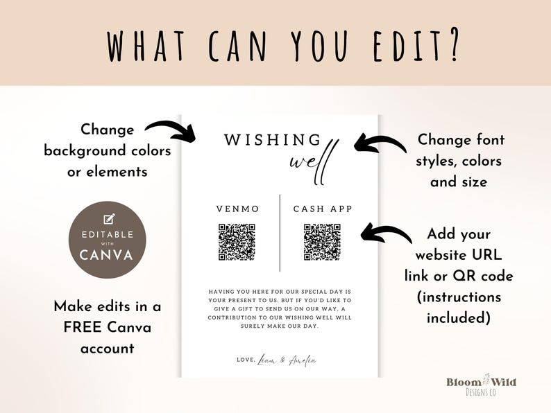 Puede incluir: Plantilla editable para una tarjeta de pozo de deseos con fondo blanco y texto negro. El texto dice "Wishing Well" e incluye un c&oacute;digo QR de Venmo y Cash App. La plantilla es personalizable con Canva.