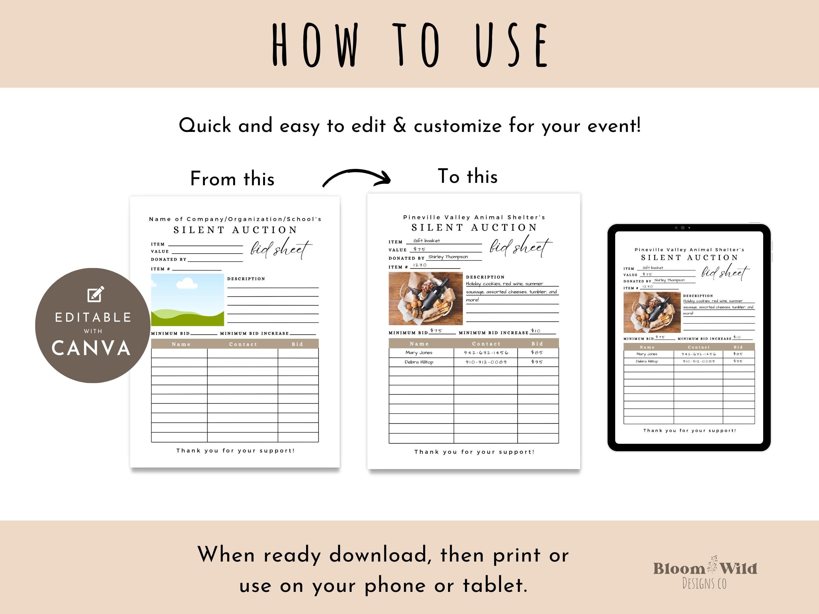 Silent Auction Bid Form, Silent Auction Canva Template, Silent Auction ...