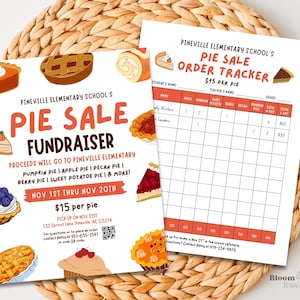 May include: Two flyers for a pie sale fundraiser. One flyer advertises the sale with pie illustrations and text. The other is an order tracker. The sale benefits Pineville Elementary School, running from Nov 1st to Nov 20th.