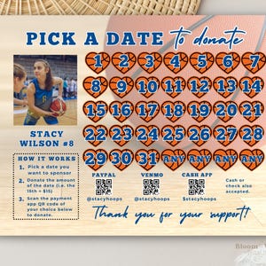 Fundraiser Calendar Template Girls Basketball, Pick A Date Basketball Girl Team Fundraiser, Sponsor My Season Basketball Canva Flyer