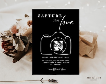 Capture The Love Qr Sign, Capture The Love Qr Code Card, QR Code for Photo Sharing, Qr Wedding Canva Template, Share The Love Qr Code Sign