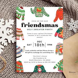 Pull de Noël moche inviter Evite numérique, pull de Noël moche, modèle de toile de Friendsmas, invitation à une soirée cocktail pull moche