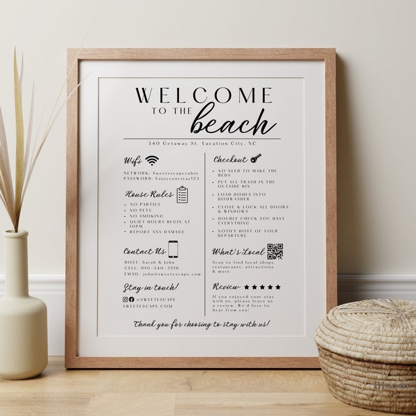Señal de bienvenida de Airbnb de Beach House, tarjeta de bienvenida costera para anfitriones de Airbnb Canva, póster de llegada de huéspedes, QR de cosas que debe saber, plantilla de reglas de la casa