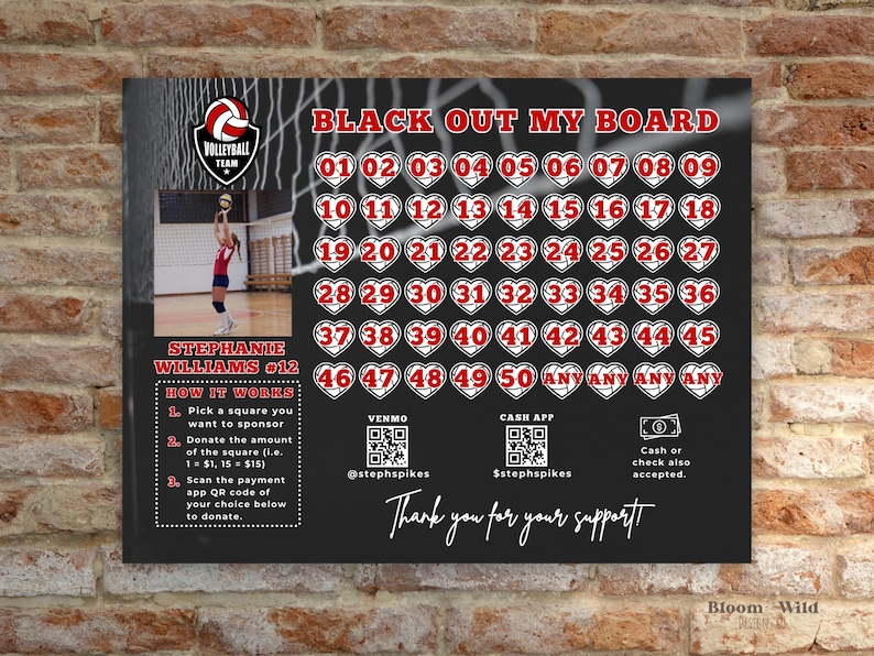 Fundraiser-Vorlagen Vollball, Black Out My Board Fundraiser bearbeitbar, füllen meinen Volleyball-Flyer, personalisierte Volleyball-Vorlage Canva Bild 10