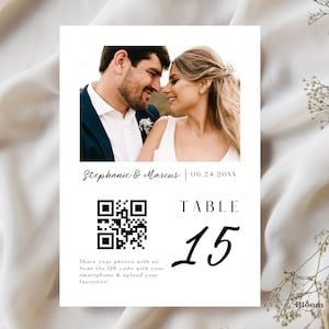 Numeri tavolo matrimonio con codice Qr, codice Qr foto Condividi l'amore, segno codice Qr per foto di matrimonio, numeri tavolo ricevimento con foto, BW10