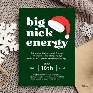 Big Nick Energy Funny Santa Kerstuitnodiging, Big Nick Energy Download Evite, Friendsmas Holiday Party Canva Template Uitnodiging