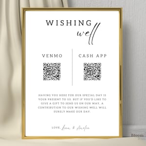 Puede incluir: Un cartel blanco con texto negro y marco dorado. El cartel dice "Wishing well" e incluye c&oacute;digos QR para Venmo y Cash App. El texto debajo de los c&oacute;digos QR dice "Tenerte aqu&iacute; para nuestro d&iacute;a especial ya es un regalo para nosotros. Pero si quieres hacernos un regalo para ayudarnos a empezar, una contribuci&oacute;n a nuestro pozo de deseos seguramente har&aacute; nuestro d&iacute;a. Con amor, Liam & Amelia."