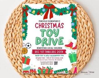 Christmas Toy Drive Flyer Vorlage Bundle, Kirche Schulferien Spendenaktion, PTO PTA Winter Community Charity Event, in Canva bearbeiten