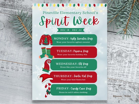 christmas holiday dress up days Christmas Spirit Week Flyer, School Christmas Spirit Week Canva Template, Holiday  Spirit Week Flyer, Editable School Spirit Schedule Poster