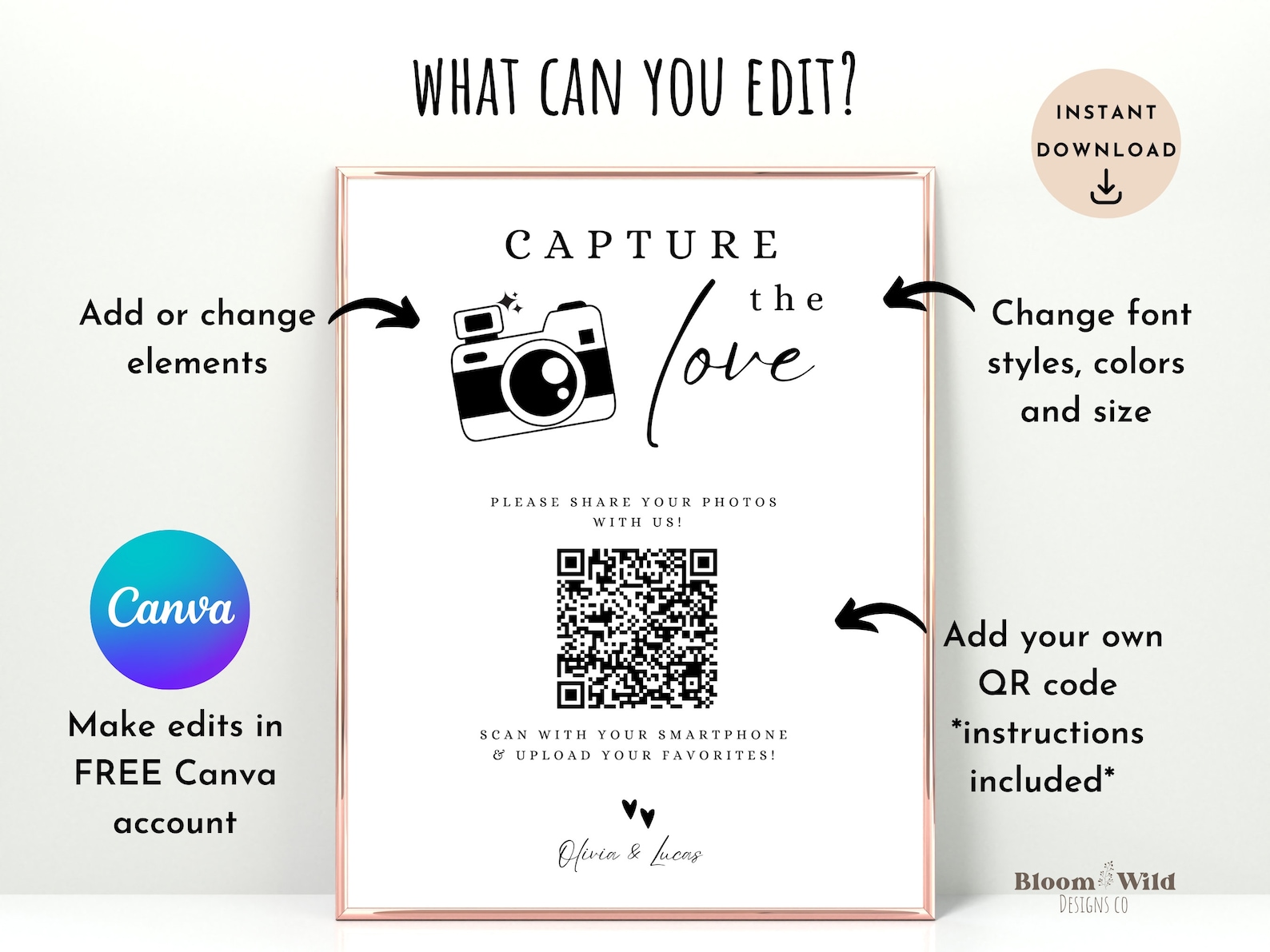 Capture the Love QR Code, Wedding Photo Signs Canva, Share the Love Sign, Wedding QR Code Sign