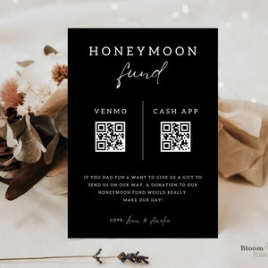 Modern Black Honeymoon Fund Qr Code Sign Template, Bridal Shower Honeymoon Fund,  Venmo Honeymoon Wish, Wedding Registry Honeymoon Cash Gift