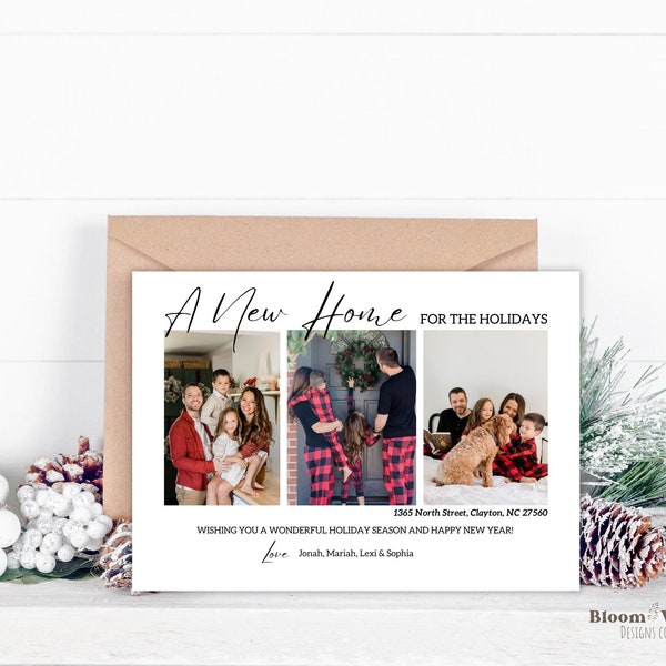 A New Home For The Holidays Template, Modern Digital Christmas Cards Canva, New Address Card, Minimalist Printable Christmas Card Canva