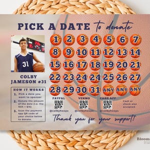 Pick A Date Basketball Fundraiser, Fundraiser Calendar Template Basketball, Basketball Fundraiser Flyer, Sponsor My Season Basketball Canva