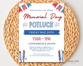 Flyer für ein gemeinsames Essen zum Memorial Day, Flyer zum Thema Grillen zum Memorial Day, Bearbeitbare Canva-Vorlage für ein gemeinsames Essen zum Grillen, Gemeinsames Essen zum Sommerauftakt im Büro