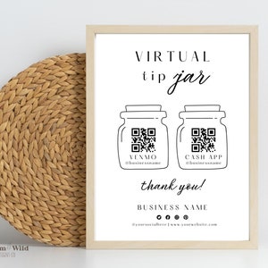 Virtual Tip Jar Venmo Payment Sign, Cash App Tip Jar, Small Business QR Code Sign Canva Template, Editable Tips Accepted Printable, BW10