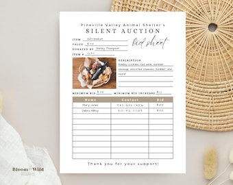 Silent Auction Bid Form, Silent Auction Canva Template, Silent Auction Sign Up Sheet with Photo, Editable Fundraiser Silent Auction Bid Page