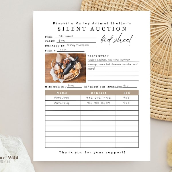 Silent Auction Bid Form, Silent Auction Canva Template, Silent Auction Sign Up Sheet with Photo, Editable Fundraiser Silent Auction Bid Page