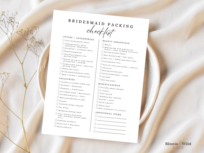 Bridesmaid Wedding Packing Checklist, Maid of Honor Packing List ...