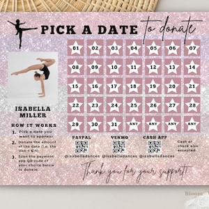 May include: A pink and white glitter background with a calendar grid featuring dates 1-31. The calendar is for a fundraiser to donate to Isabella Miller. The calendar has a QR code for PayPal, Venmo, and Cash App. The text "Pick a date to donate" is at the top of the calendar.