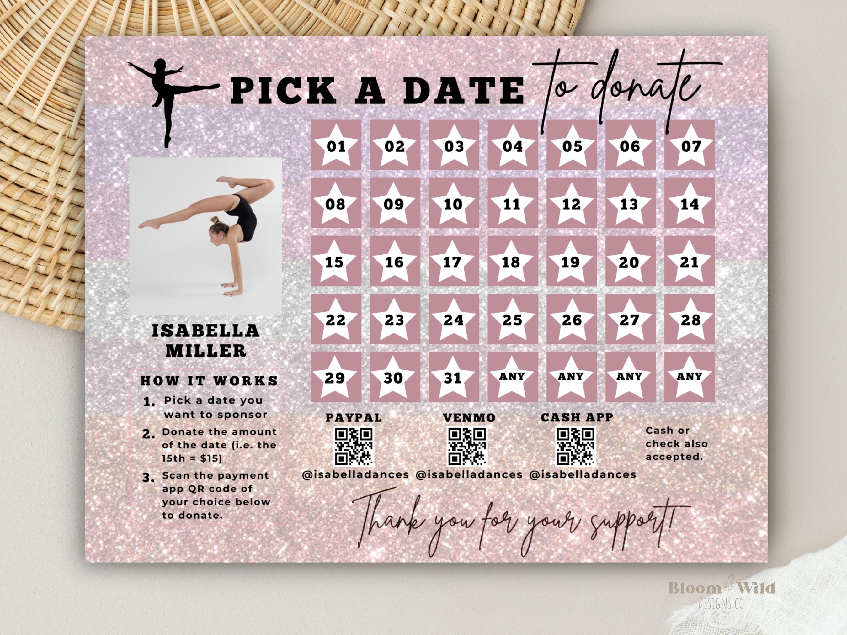 Dance Competition Fundraiser, Pick A Date To Donate Dance Template, Dance Team Fundraiser Editable Flyer, Dance Studio Fundraiser Calendar