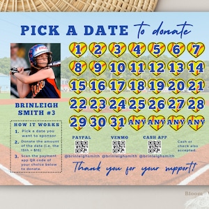 Bearbeitbarer Softball-Kalender-Spendenaktion, Black Out My Board Softball, Softball-Spendenaktion-Flyer, bearbeitbarer Softball-Kalender, All Star QR Venmo